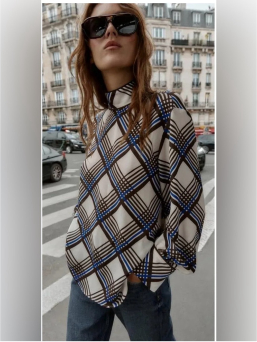 Zara NWT High Neck Plaid Blouse in Sz S